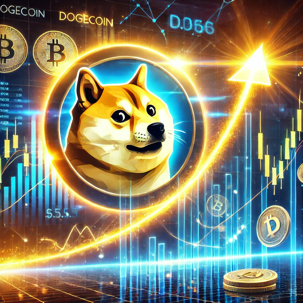 DALL·E 2024-12-28 20.46.40 - A dynamic and futuristic illustration featuring the Dogecoin logo (a Shiba Inu dog) prominently displayed in a glowing, upward-moving trajectory. Surr