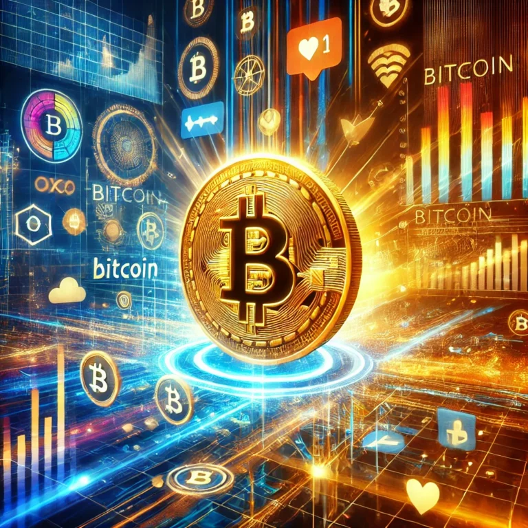 DALL·E 2024-12-28 21.41.56 - A dynamic digital artwork depicting Bitcoin's prominence on a social media platform. The scene shows a glowing golden Bitcoin coin prominently in the