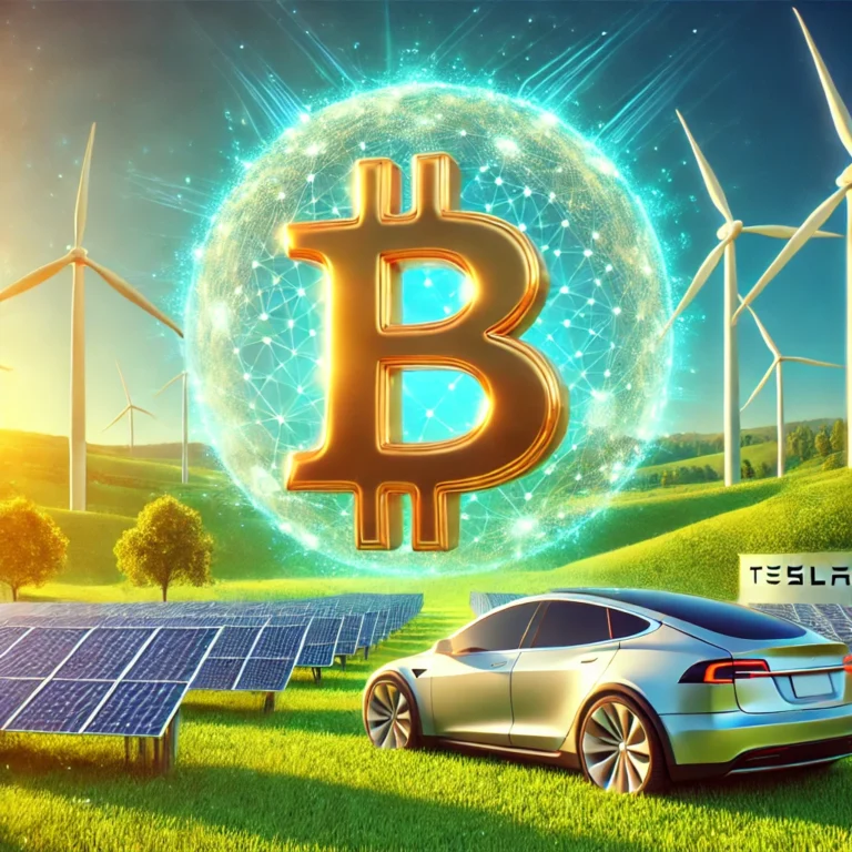 DALL·E 2024-12-28 22.07.47 - A visually striking image depicting Bitcoin's clean energy transition. The scene includes a glowing Bitcoin symbol floating above a lush green field w