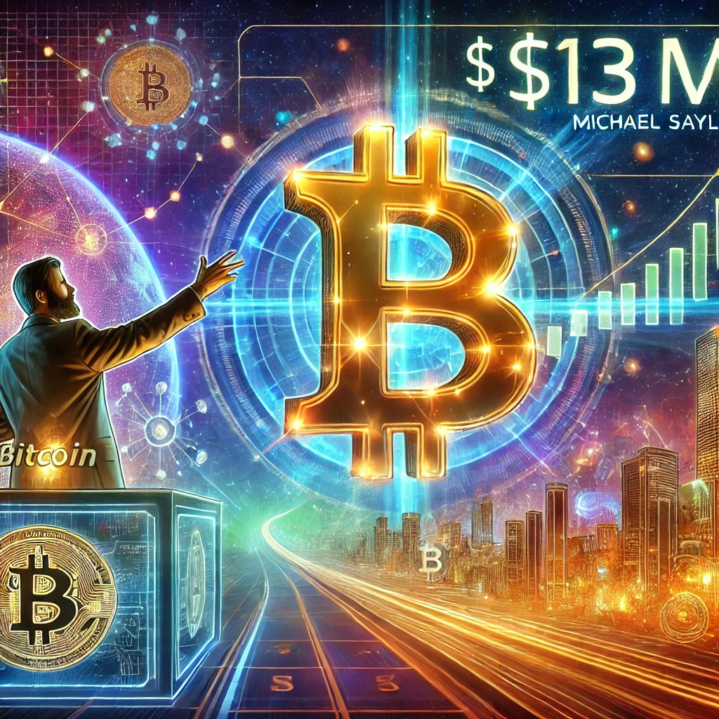 DALL·E 2024-12-29 16.08.45 - A futuristic and vibrant illustration featuring a Bitcoin symbol towering over a digital cityscape, with the number '$13M' glowing prominently. Michae