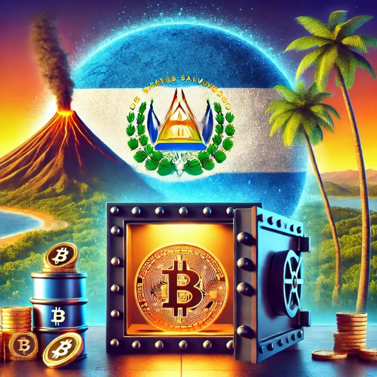 DALL·E 2024-12-29 16.25.53 - A striking digital illustration representing El Salvador's embrace of Bitcoin, featuring the country's flag blended with a glowing Bitcoin symbol. The