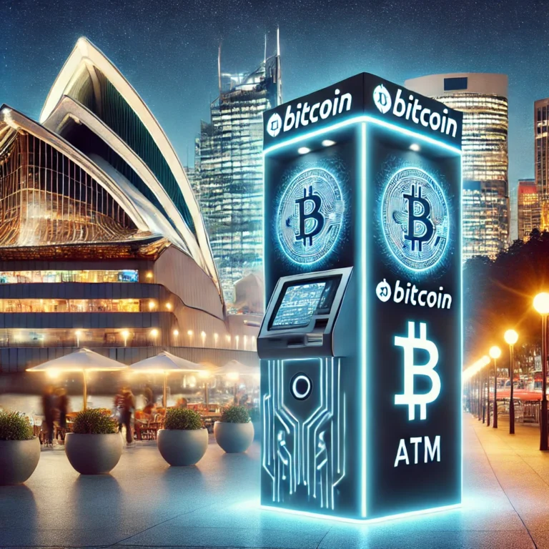 DALL·E 2024-12-29 17.11.39 - A visually striking image showing a modern Bitcoin ATM in Australia, set against a backdrop of a bustling urban area with recognizable Australian land