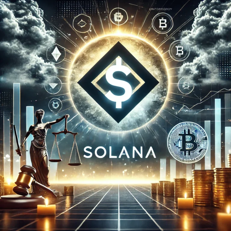 DALL·E 2024-12-30 17.45.14 - A dramatic digital artwork featuring the Solana logo prominently in the foreground, surrounded by a stormy financial backdrop. The scene includes scal