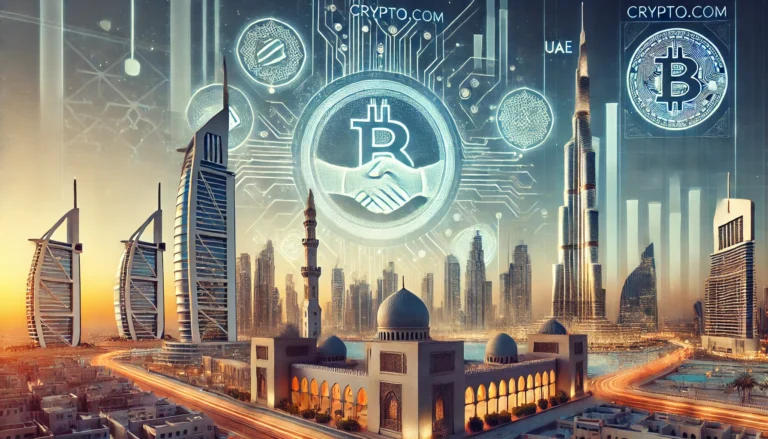 DALL·E 2024-12-30 18.14.35 - A futuristic depiction of Crypto.com entering the Dubai market in partnership with the UAE’s largest Islamic bank. The image features the iconic Dubai