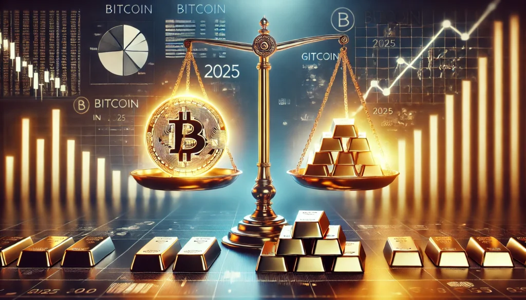 DALL·E 2024-12-30 18.26.12 - A visually striking comparison of Bitcoin and gold as investment assets in 2025. The image features a balance scale with a glowing Bitcoin symbol on o