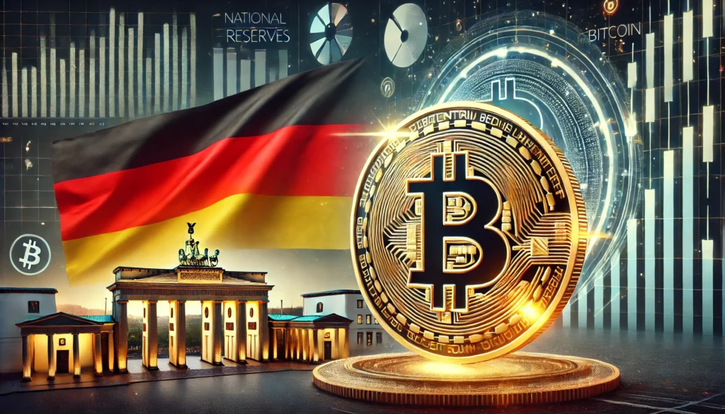 DALL·E 2024-12-30 18.33.24 - A depiction of Germany considering Bitcoin for its national reserves, featuring the German flag and iconic landmarks like the Brandenburg Gate. A Bitc