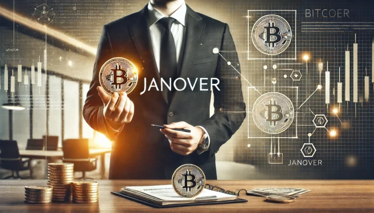 DALL·E 2024-12-30 18.41.21 - A professional business setting with a modern company logo reading 'Janover' prominently displayed. A person in a formal suit holding a Bitcoin symbol