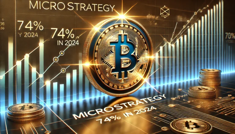 DALL·E 2024-12-30 18.52.57 - A futuristic financial scene featuring a prominent company logo reading 'MicroStrategy' in a sleek, modern style. A digital Bitcoin symbol with glowin