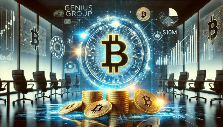 DALL·E 2024-12-30 18.57.37 - A dynamic corporate scene showcasing a sleek company logo reading 'Genius Group' in a modern style. In the foreground, a large Bitcoin symbol surround