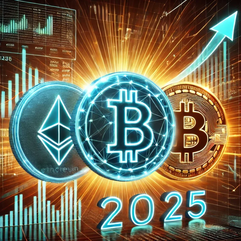 DALL·E 2024-12-30 19.05.59 - A visually striking and futuristic digital art piece featuring three distinct cryptocurrencies (represented by their iconic symbols_ Bitcoin, Ethereum