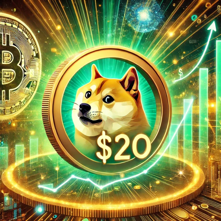 DALL·E 2024-12-30 19.31.15 - An artistic representation of Dogecoin's potential future price surge, featuring a glowing $20 symbol surrounded by a dynamic chart showing exponentia