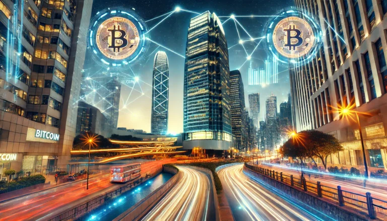 DALL·E 2024-12-30 19.38.06 - A futuristic depiction of Hong Kong's financial district with elements of blockchain and Bitcoin integration. Skyscrapers adorned with digital display