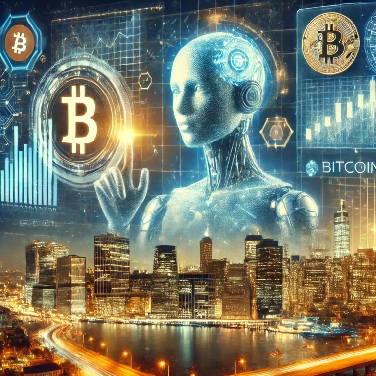 DALL·E 2024-12-31 15.07.39 - An artistic digital rendering depicting the concept of Bitcoin and artificial intelligence. The image shows a futuristic cityscape with glowing hologr