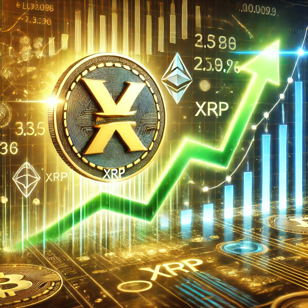 DALL·E 2024-12-31 15.13.09 - A dynamic digital illustration showcasing the cryptocurrency XRP's price surge. The image features a glowing XRP coin ascending on a steep financial c