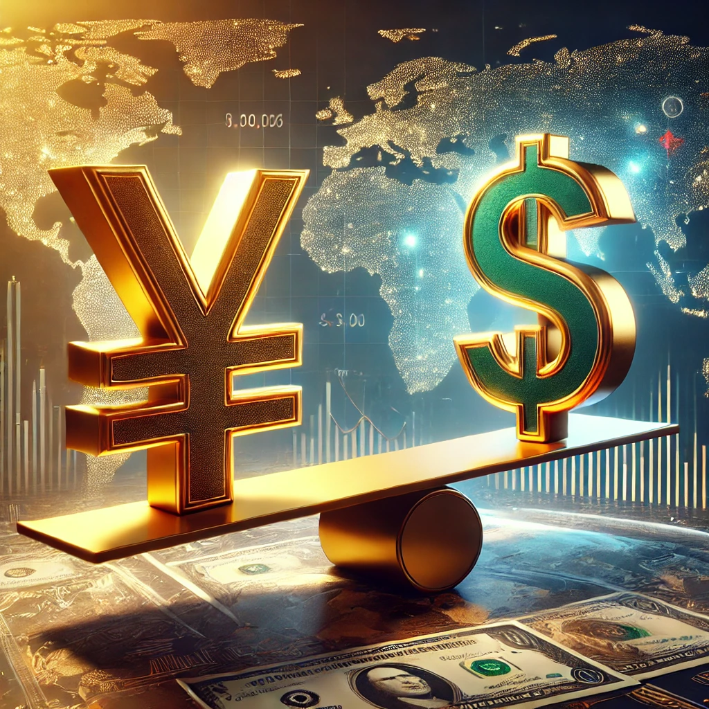 DALL·E 2024-12-31 15.37.22 - A professional illustration depicting the Chinese Yuan and the US Dollar in a symbolic competition. The image shows a large golden Yuan symbol and a g