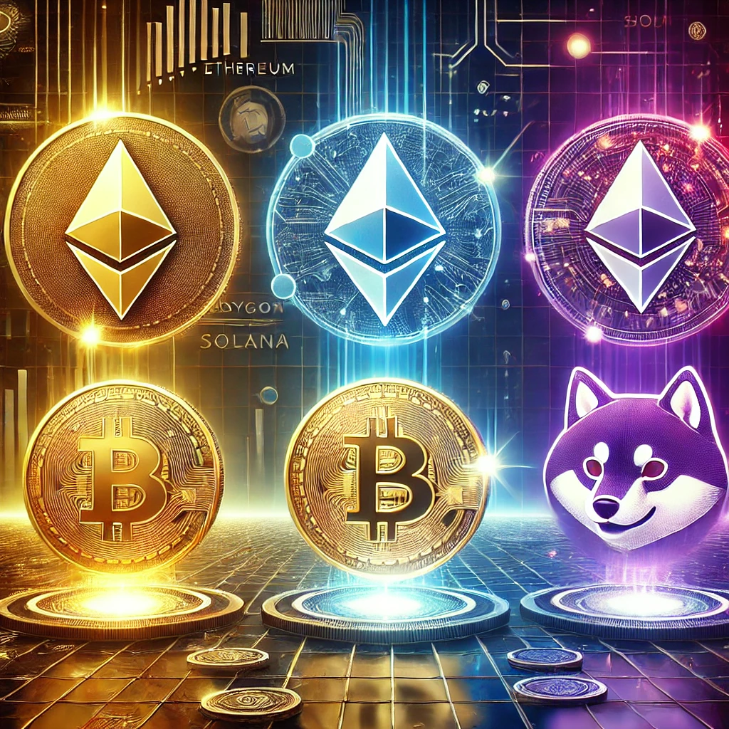 DALL·E 2024-12-31 15.40.33 - A vibrant and futuristic digital artwork showcasing four prominent altcoins_ Ethereum (ETH), Polygon (MATIC), Solana (SOL), and Shiba Inu (SHIB). The