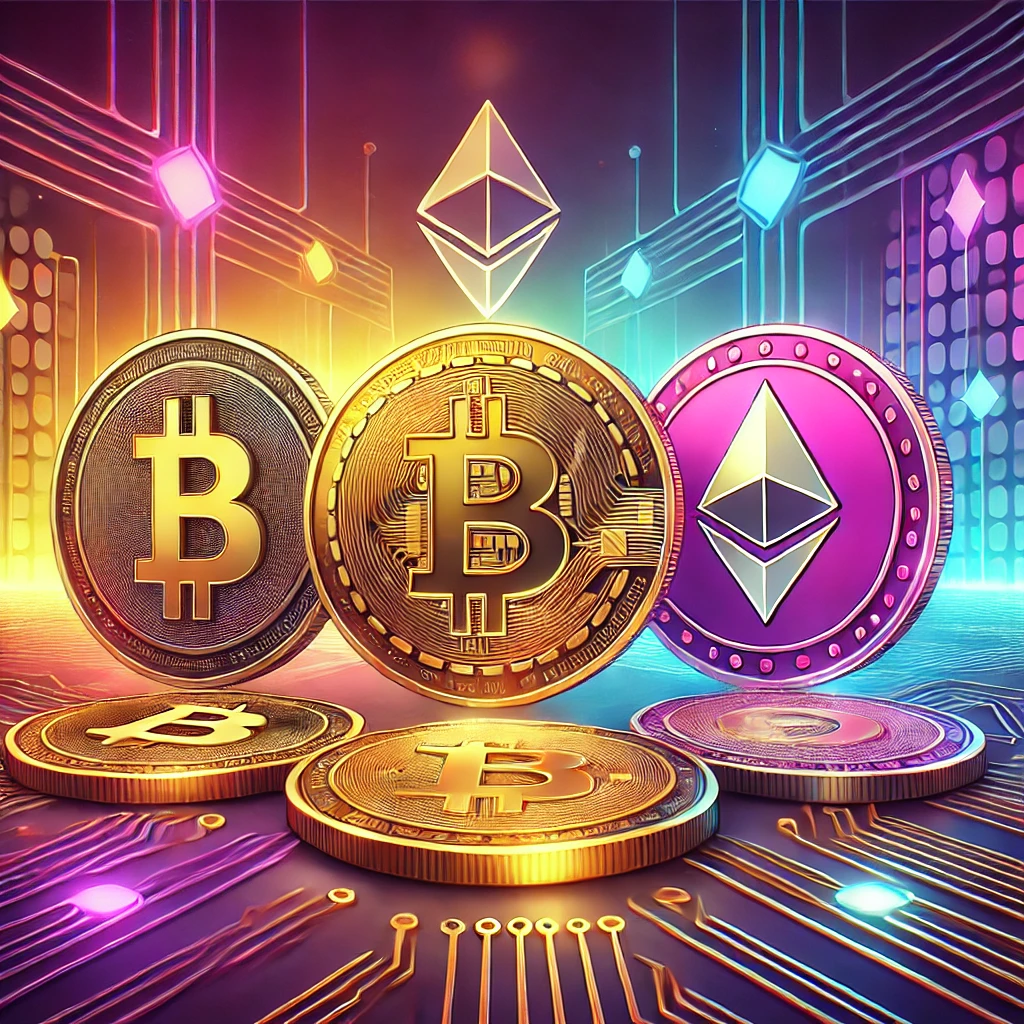 DALL·E 2024-12-31 15.51.07 - A vibrant digital illustration featuring Bitcoin (BTC), Ethereum (ETH), Solana (SOL), and Polkadot (DOT) coins in a futuristic setting. The background