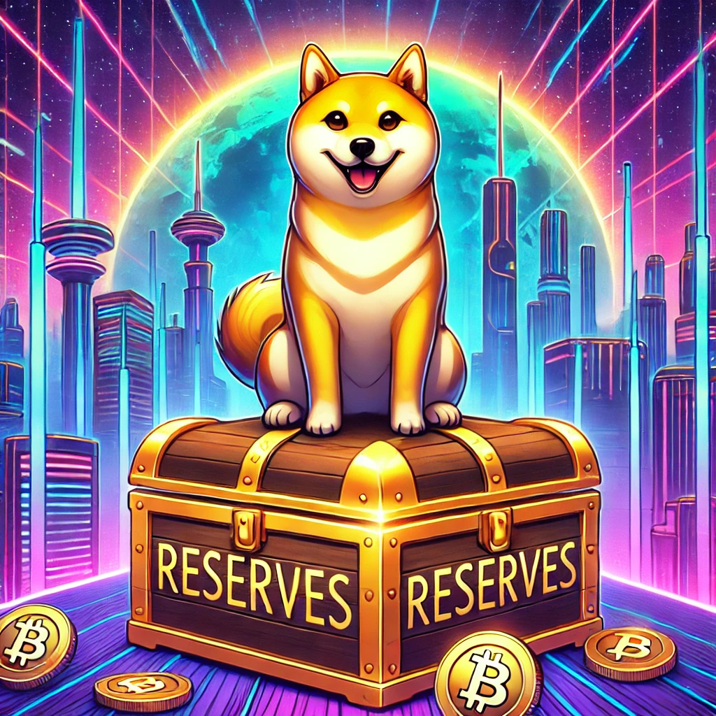 DALL·E 2024-12-31 15.56.01 - A vibrant digital artwork of a Shiba Inu (Dogecoin mascot) sitting on a treasure chest labeled 'Reserves,' with a futuristic cityscape in the backgrou