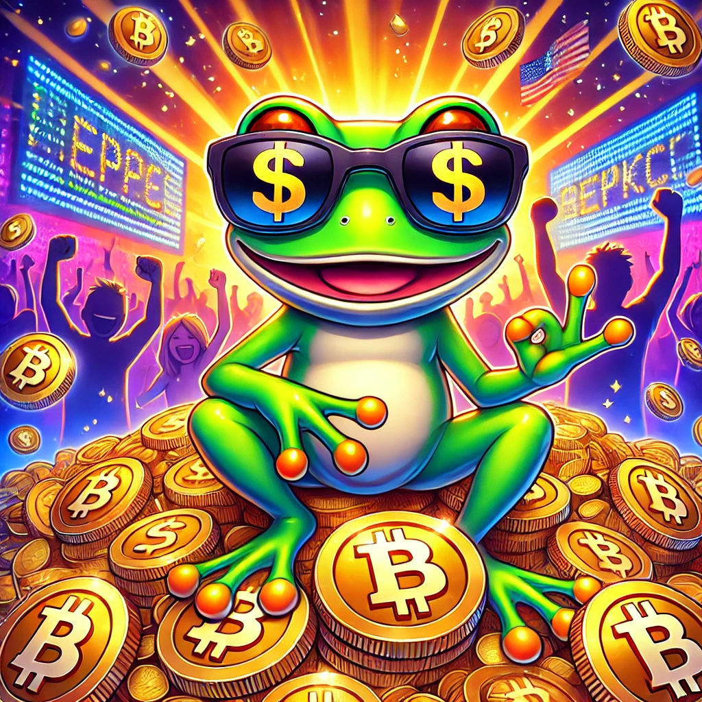 DALL·E 2024-12-31 16.02.15 - A vibrant and colorful digital illustration of a cartoon frog mascot named Pepeto, wearing sunglasses and sitting atop a pile of golden coins with dol