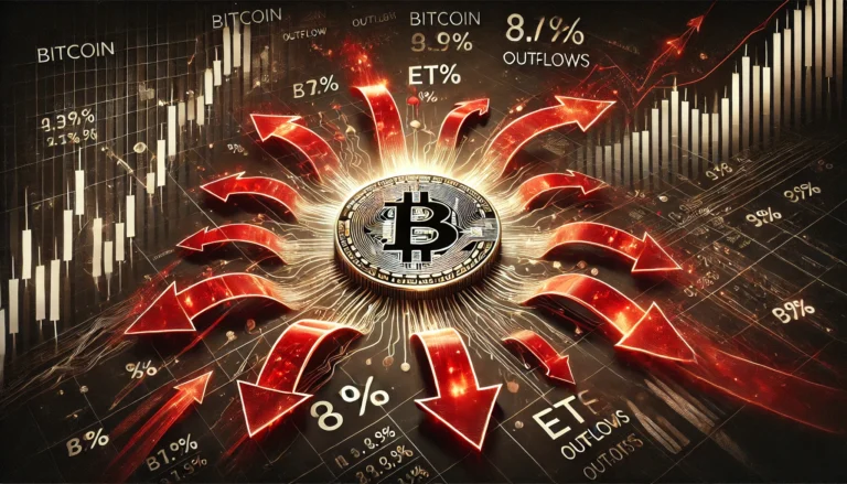 DALL·E 2024-12-31 16.11.34 - An impactful financial illustration depicting Bitcoin and ETF outflows. The image shows a Bitcoin coin symbol surrounded by a dynamic flow of glowing