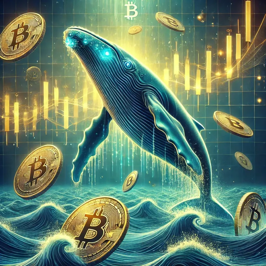 DALL·E-2024-12-03-17.40.54-A-visually-striking-digital-illustration-featuring-a-giant-whale-swimming-in-the-depths-of-a-glowing-ocean-symbolizing-Bitcoins-silent-whales.-The