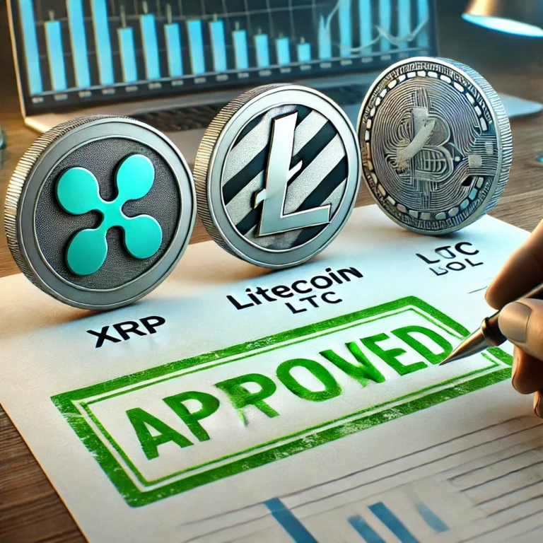 DALL·E 2025-01-01 15.01.22 - A realistic and professional illustration of the approval of cryptocurrency ETFs for XRP, Litecoin (LTC), and Solana (SOL). The image features symboli