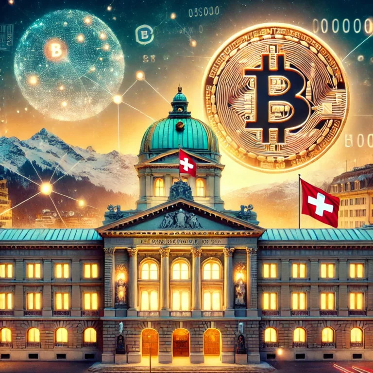 DALL·E 2025-01-01 21.28.26 - An artistic representation of Switzerland's financial system integrating Bitcoin, featuring the Swiss National Bank building with a glowing Bitcoin lo