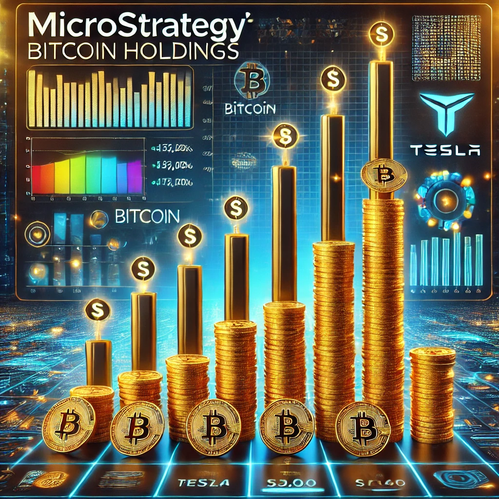 DALL·E 2025-01-01 22.00.48 - A visually striking illustration of corporate Bitcoin holdings, highlighting MicroStrategy's massive Bitcoin stash in comparison to other corporations