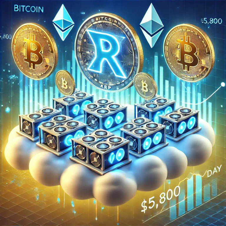 DALL·E 2025-01-01 22.24.07 - A futuristic illustration showing cloud-based Bitcoin mining powered by XRP. The image features digital mining rigs floating in a cloud environment, c