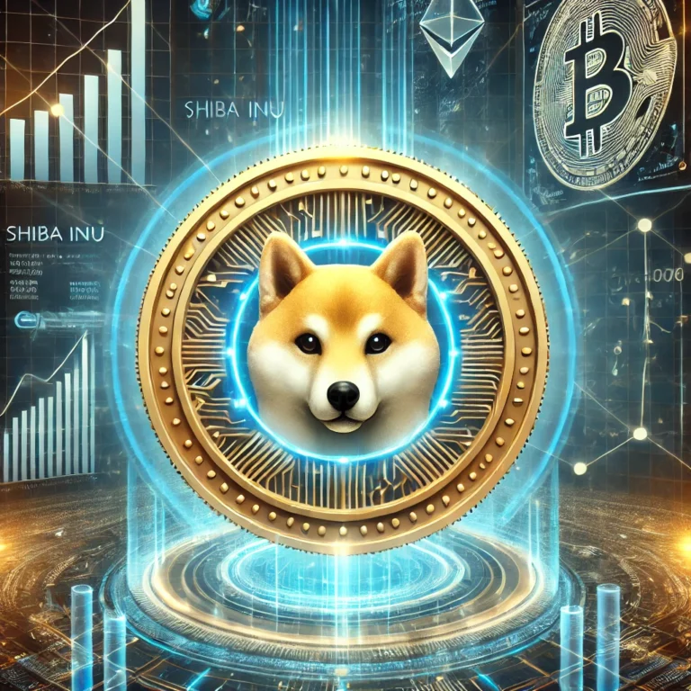 DALL·E 2025-01-02 21.25.53 - An artistic representation of Shiba Inu cryptocurrency with futuristic visuals. A glowing Shiba Inu coin at the center surrounded by digital graphs an