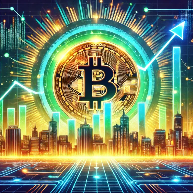 DALL·E 2025-01-02 22.09.12 - A futuristic illustration depicting Bitcoin's potential rise to $1 million. The artwork shows a glowing Bitcoin coin towering over a city skyline, wit