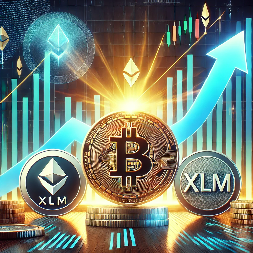 DALL·E 2025-01-02 22.18.19 - An artistic representation of the cryptocurrency market recovery, featuring Bitcoin, Stellar Lumens (XLM), and IOTA symbols rising against a graph bac