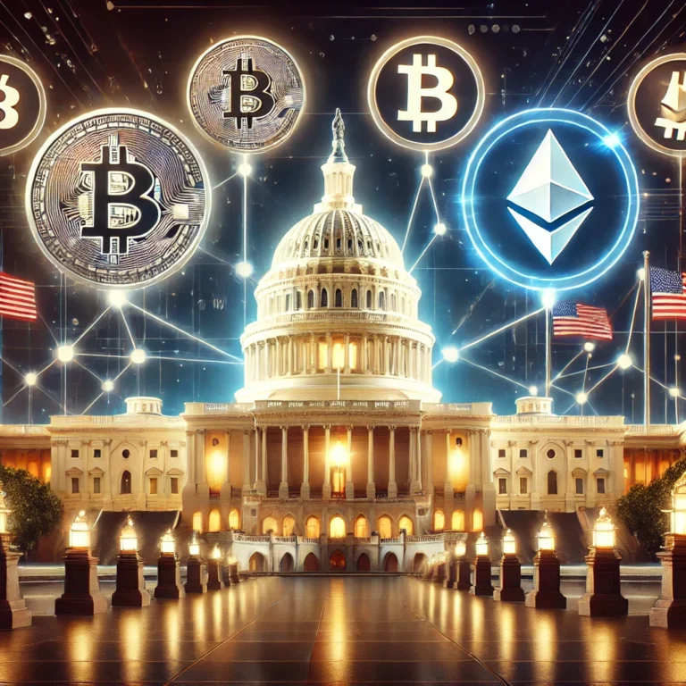 DALL·E 2025-01-02 22.41.14 - A digital illustration representing the influence of cryptocurrency Political Action Committees (PACs) on US Congress. The image features the US Capit