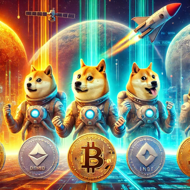 DALL·E 2025-01-03 22.16.56 - A futuristic and visually captivating image featuring four meme-based cryptocurrencies as powerful rivals to Shiba Inu, represented as dynamic charact