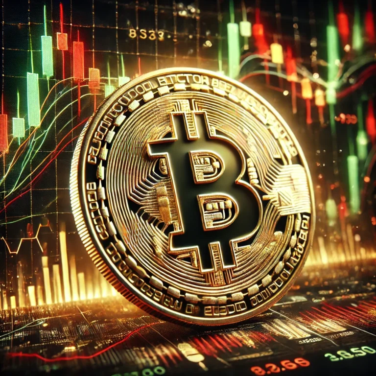 DALL·E 2025-01-03 22.39.55 - A visual representation of Bitcoin with a golden Bitcoin symbol in the foreground, set against a backdrop of fluctuating stock market graphs with red