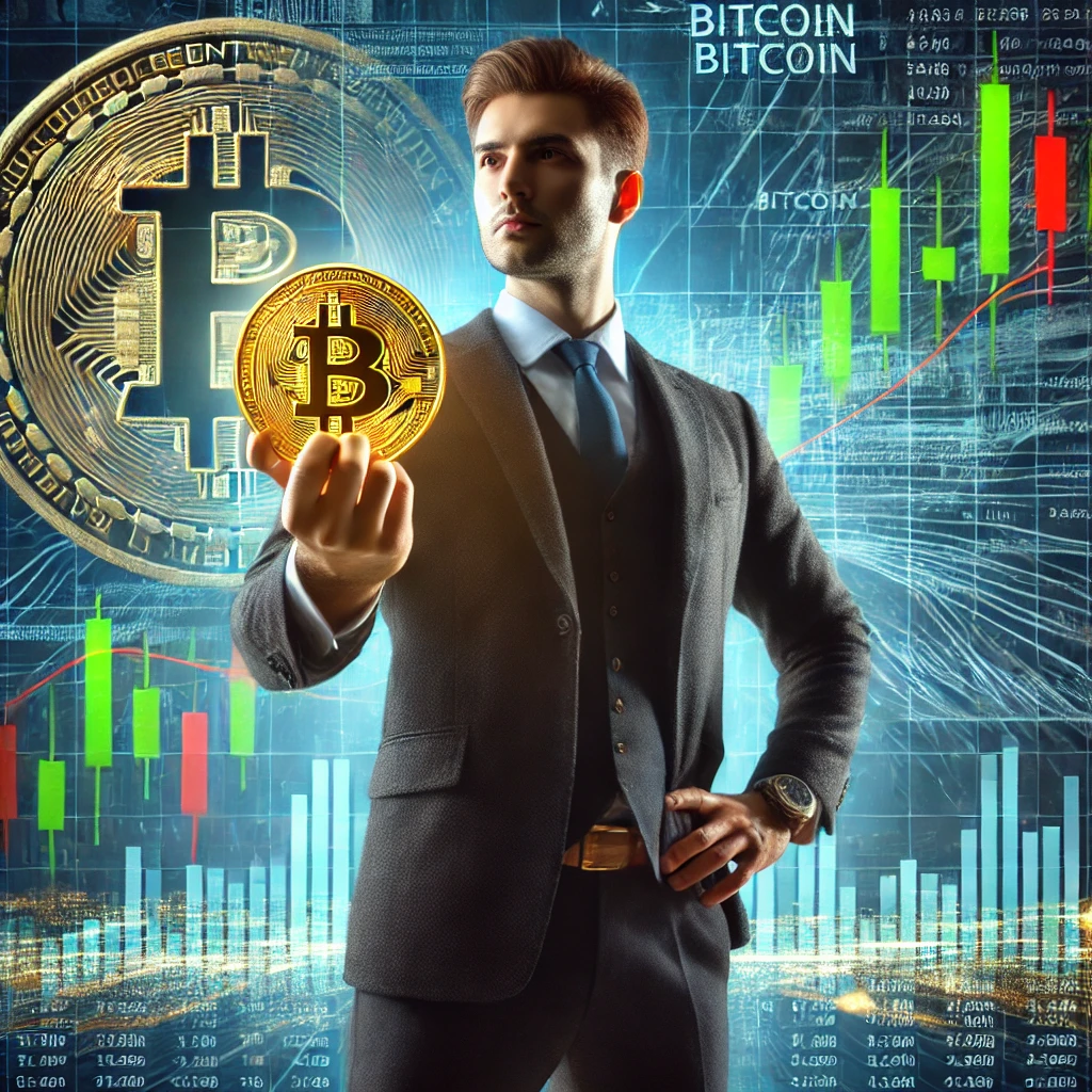 DALL·E 2025-01-03 22.48.32 - A determined retail investor holding a golden Bitcoin symbol in their hand, standing confidently against a backdrop of fluctuating Bitcoin price chart