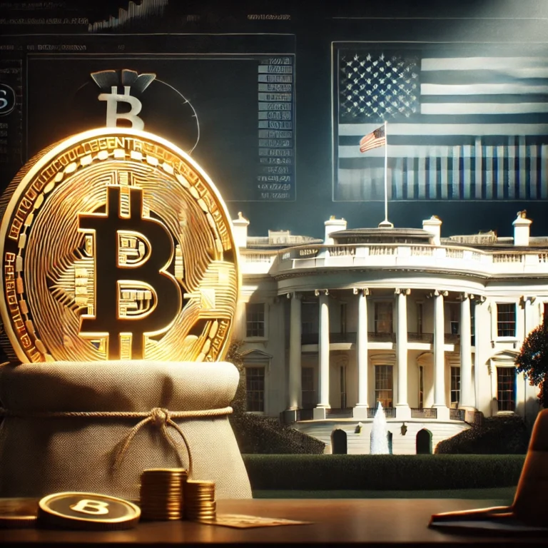 DALL·E 2025-01-03 23.23.12 - A conceptual illustration of Bitcoin and the United States government. The image shows a large golden Bitcoin coin superimposed on the iconic White Ho