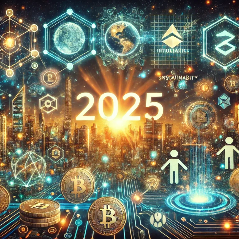 DALL·E 2025-01-03 23.28.07 - A futuristic illustration of blockchain and cryptocurrency themes for 2025. The image features a dynamic blend of a high-tech cityscape with glowing b