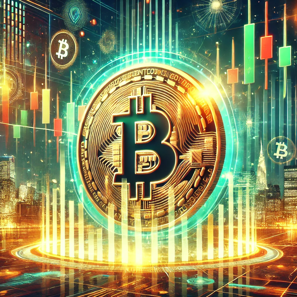 DALL·E 2025-01-03 23.42.47 - A digital illustration showcasing a bullish Bitcoin rally in a futuristic financial market setting. The Bitcoin logo prominently displayed, surrounded