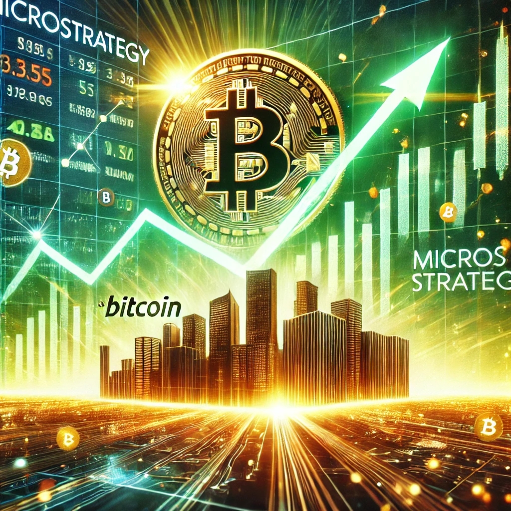 DALL·E 2025-01-03 23.52.50 - A dynamic digital illustration showcasing MicroStrategy (MSTR) stock price surging alongside Bitcoin. The scene includes a stock chart with an upward