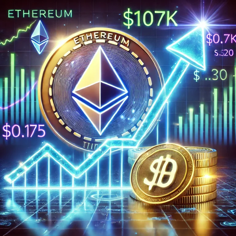 DALL·E 2025-01-04 12.04.28 - A digital illustration representing cryptocurrency growth_ a glowing Ethereum coin ascending towards a $10K price target on a futuristic financial gra