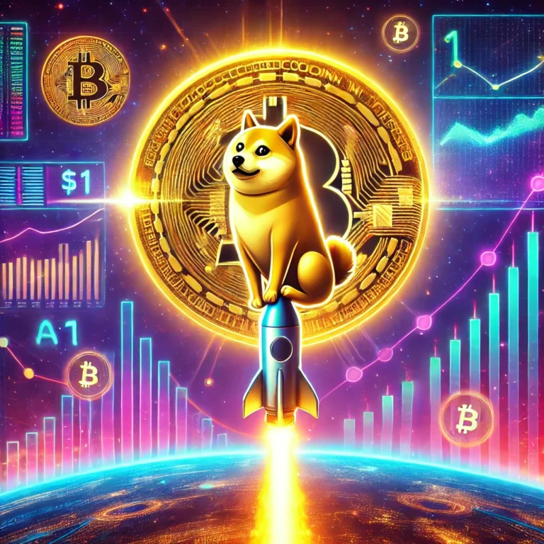 DALL·E 2025-01-04 12.09.42 - A futuristic digital illustration showcasing Dogecoin's journey to $1, featuring the Dogecoin Shiba Inu logo in the foreground, glowing and ascending