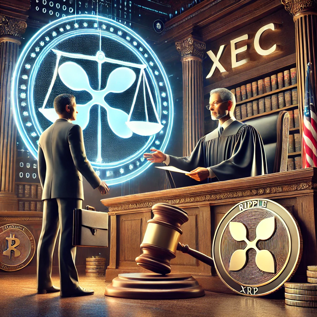 DALL·E 2025-01-04 12.35.20 - A dramatic courtroom scene showcasing a high-stakes legal battle between Ripple Labs and the SEC, symbolized by a large Ripple logo on one side and a