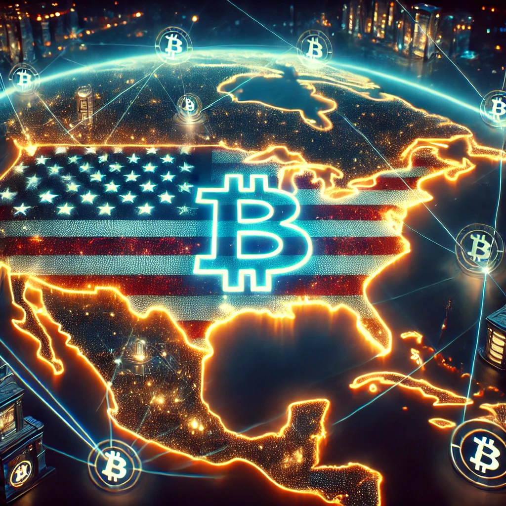 DALL·E 2025-01-04 12.50.21 - A visual representation of the United States dominating the global Bitcoin hashrate. The image features a glowing map of the U.S. with Bitcoin symbols