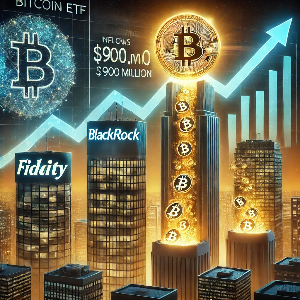 DALL·E 2025-01-04 13.19.07 - A detailed illustration showing the competition between Fidelity and BlackRock in the Bitcoin ETF market. The scene features financial skyscrapers lab