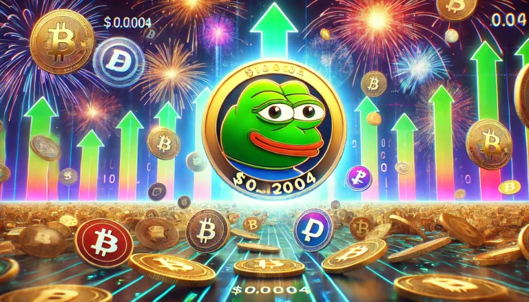 DALL·E 2025-01-04 13.33.16 - A digital illustration of a dynamic cryptocurrency theme featuring a green Pepe the Frog coin prominently displayed with bold text '$0.00004'. The sce