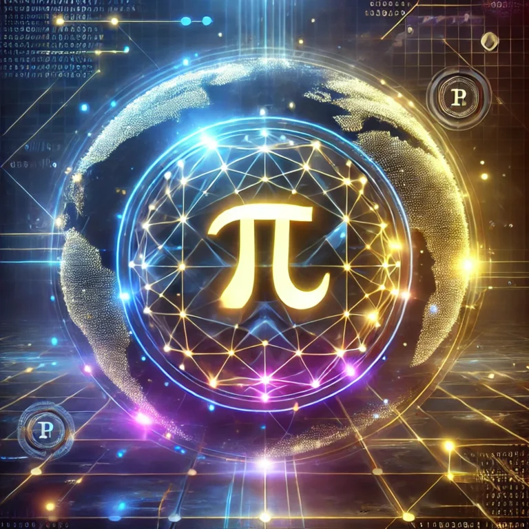 DALL·E 2025-01-05 15.12.28 - A futuristic digital representation of the Pi Network cryptocurrency ecosystem. The image should feature a glowing Pi symbol at the center, surrounded