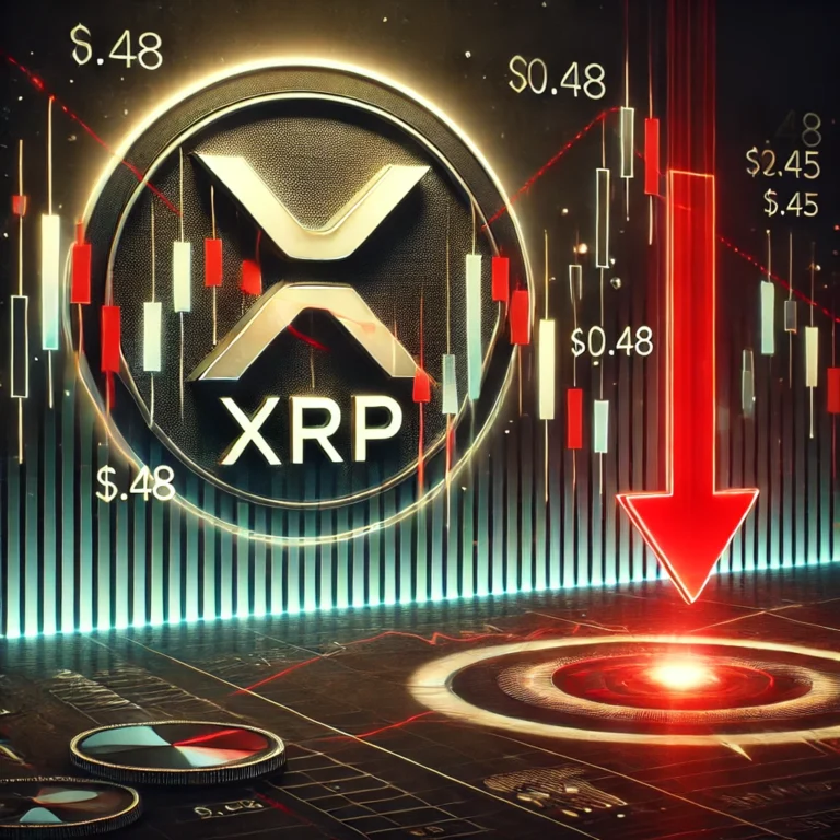 DALL·E 2025-01-05 15.16.48 - A detailed and realistic digital illustration depicting the XRP cryptocurrency in a bearish market scenario. The image should feature a red downward a