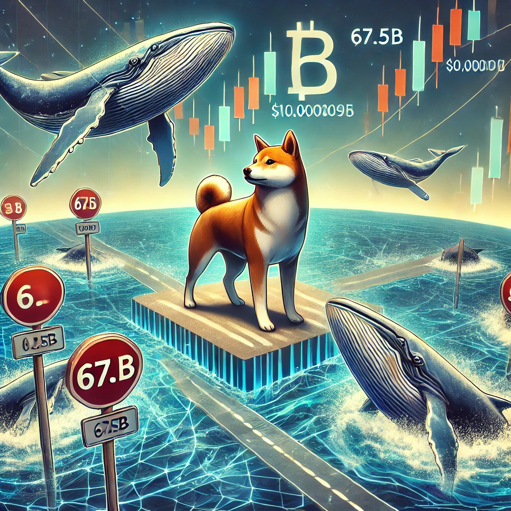 DALL·E 2025-01-05 15.19.24 - A dynamic and realistic digital illustration of Shiba Inu cryptocurrency at a crossroads. The image features a symbolic depiction of large-scale movem