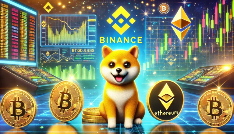 DALL·E 2025-01-05 15.29.50 - A modern and vibrant digital artwork showcasing the cryptocurrency market. The scene includes Shiba Inu (SHIB) tokens glowing with energy, the Binance